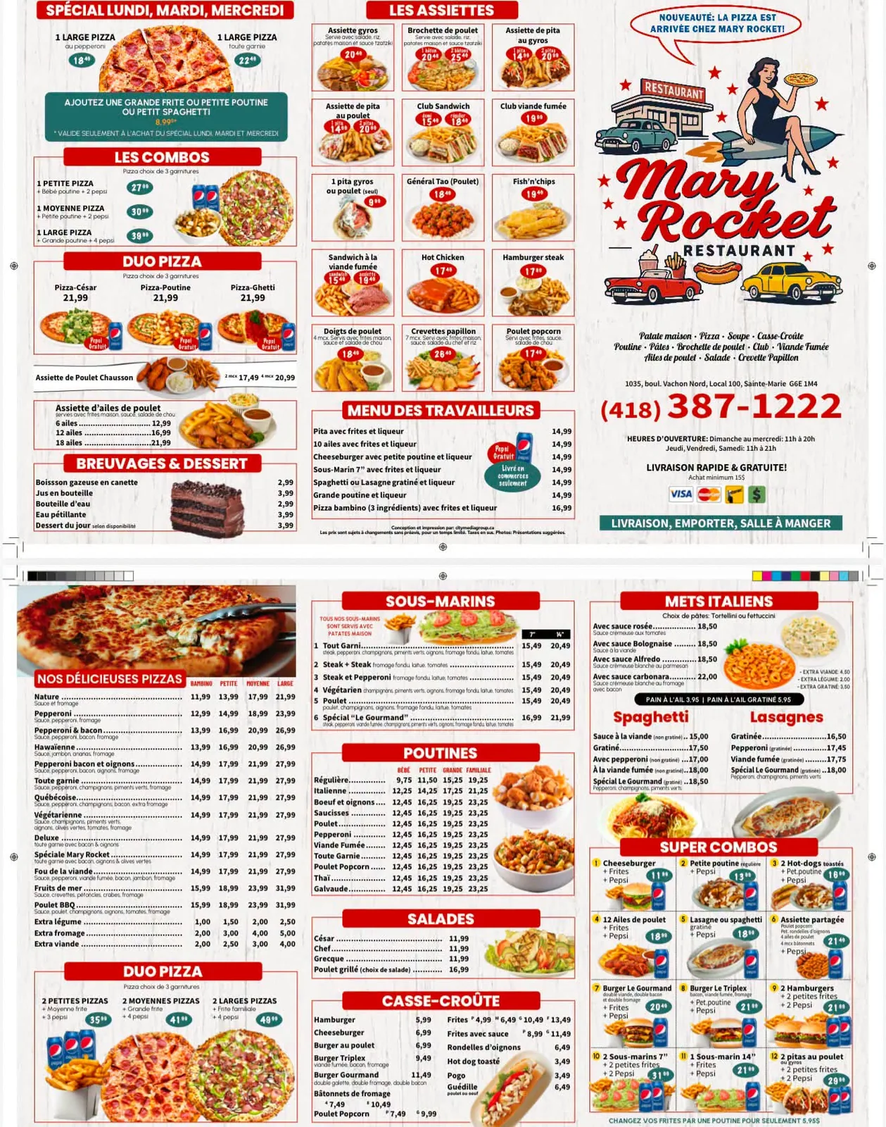 Le menu imprimé du restaurant Mary Rocket, recto et verso, avec toutes les catégories et les prix.